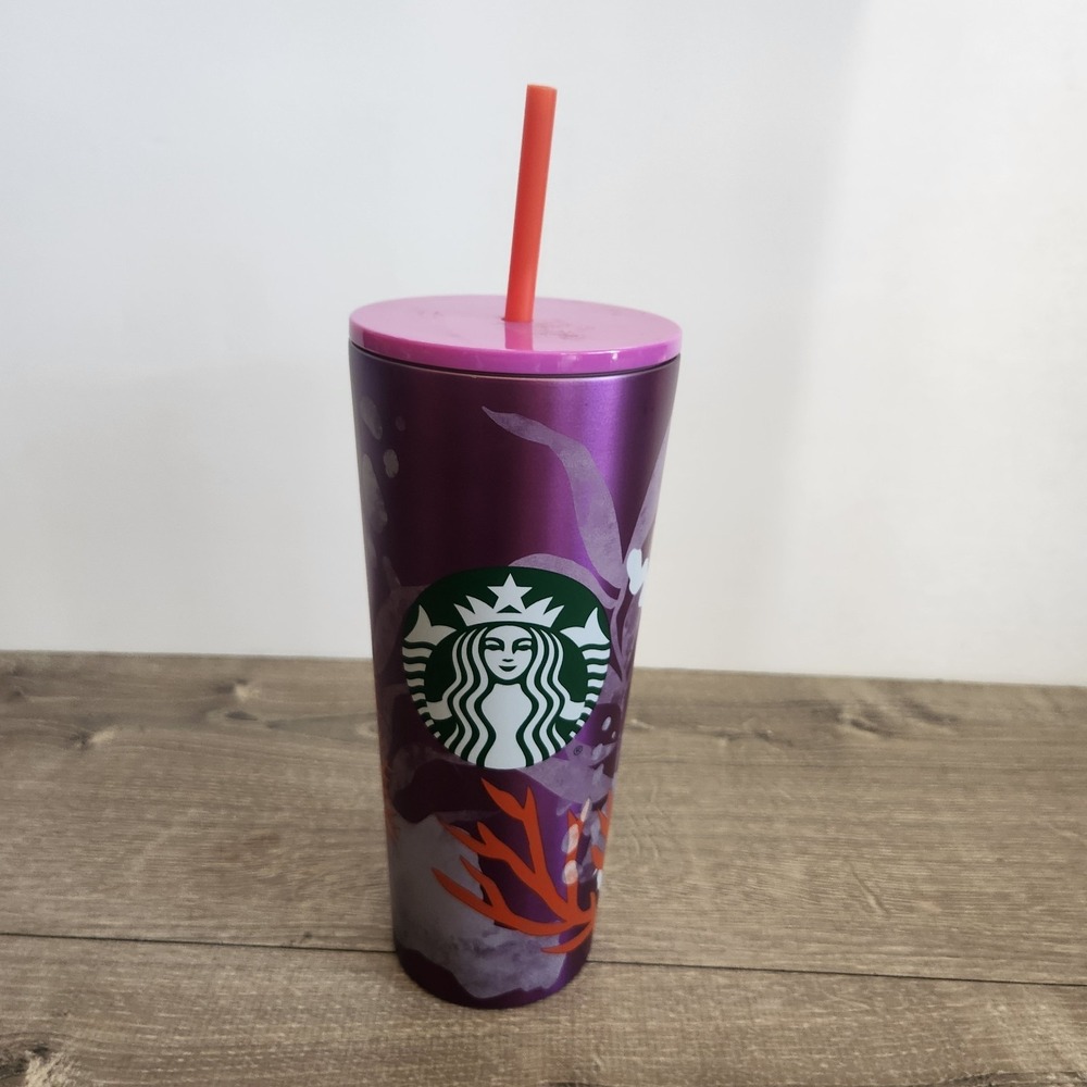 NWT‎ 2021 Starbucks Purple Coral Reef Cold Cup Tumbler Cup 24 oz Stainless Steel